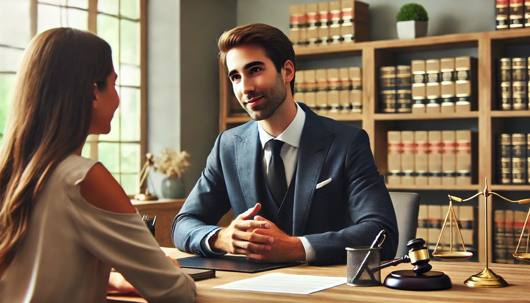 DALL·E 2025-01-14 15.11.08 - A friendly lawyer giving legal ethics advice in a professional office setting. The lawyer is sitting at a desk with a calm, approachable demeanor, spe