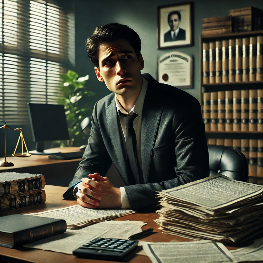 DALL·E 2025-01-14 15.20.07 - A scene depicting a lawyer sitting at a desk, looking worried and confused, with a pile of legal documents scattered in front of him. His expression s