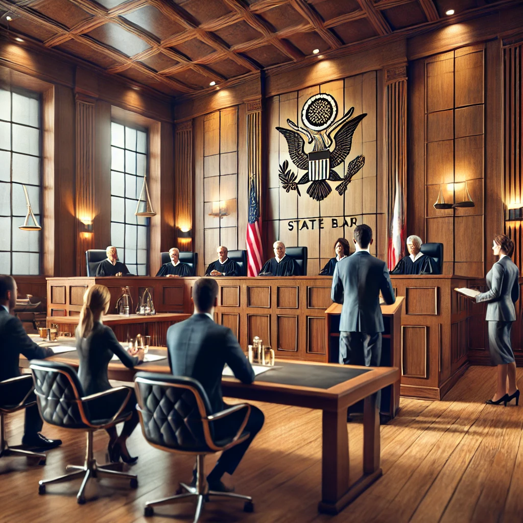 DALL·E 2025-01-27 17.57.44 - A professional courtroom setting where a State Bar hearing is taking place. The scene includes a panel of judges seated at a long table, attorneys pre