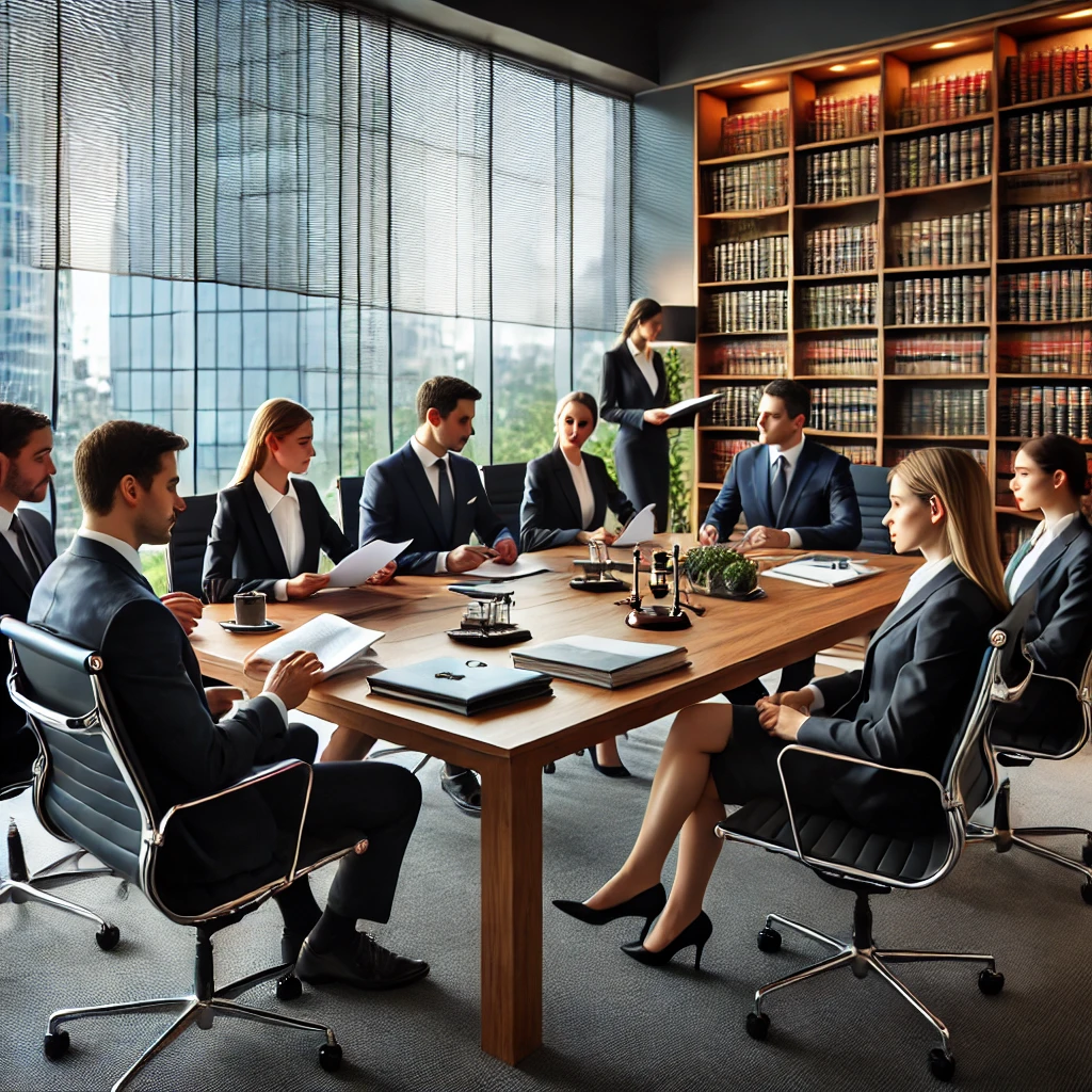 DALL·E 2025-01-27 18.06.12 - A professional meeting of attorneys in a modern conference room. The scene includes a diverse group of lawyers in formal business attire sitting aroun